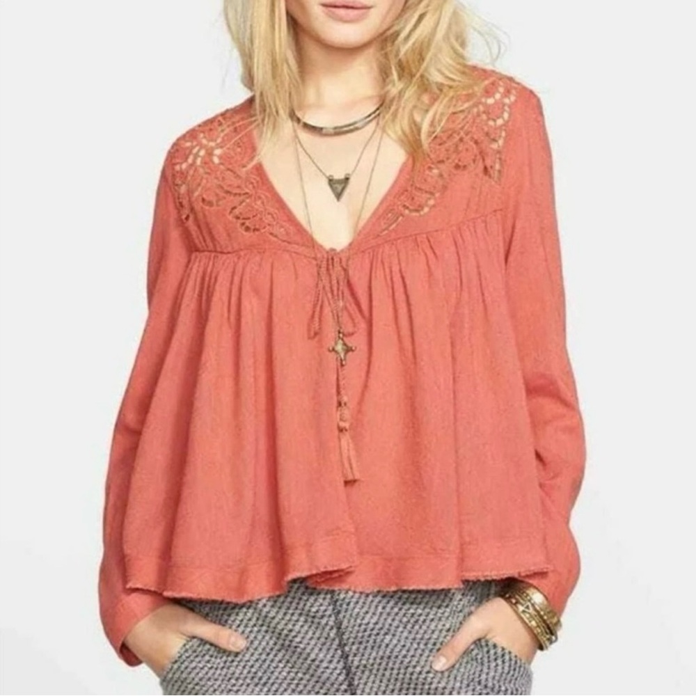 Free People Doin It Right Button Front Blouse Rust Color Womens Sz M‎ *flaw
